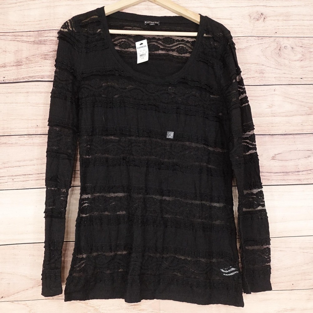 New! Express Blouse Womens L Black Scoop Neck Long Sleeve Sheer Lace Tunic Top